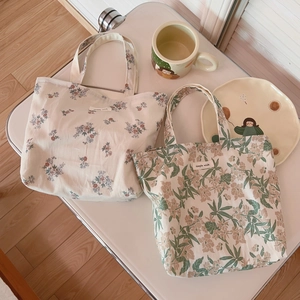 Small Floral Cotton Canvas Handbag Retro French Style Mini Tote Bag With Zipper Closure For Women Fresh Sweet Daily Use