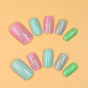 Green wave line press-on nails with glitter accents and chic square-oval shape 24pcs