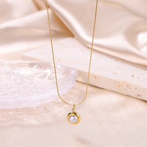 Collier Pendentif Künstliche Perle Ronde Minimaliste Pour Femme Acier Inoxydable Plaqué Or Style Baroque Vintage Chaîne