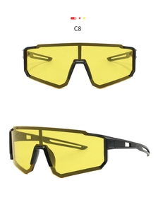 Macro view of C8 black frame sports sunglasses with yellow lenses for cycling