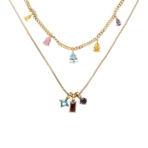 Elegant 18K gold plated brass double-layer necklace with colorful teardrop zircons