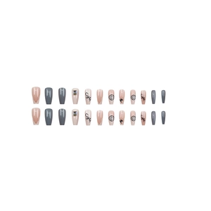 Long coffin press-on nails with star, smiley face and crystal designs in grey and pink