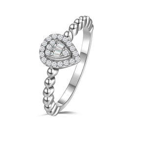 Sterling silver heart ring featuring teardrop micro-pave stones and bead band