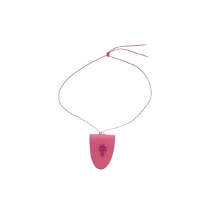 Pink leather shield necklace with purple cross pendant and matching cord for glasses holder