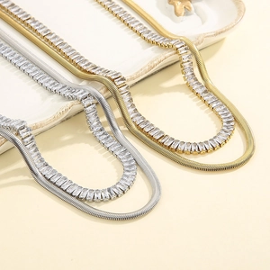 Double-layered gold and silver snake chains with cubic zirconia tennis necklace set