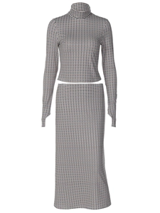 Ensemble 2 pièces pour femmes avec motif pied-de-poule, haut à col montant et jupe