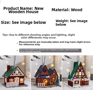 Close-up of DIY lighted wooden Christmas house ornaments with warm LED glowing inside