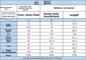 Detailed size chart for houndstooth blazer with measurements in centimeters and fabric info