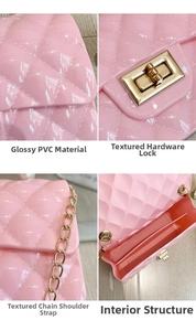Detailed views of pink quilted jelly bag featuring metallic chain strap and twist lock
