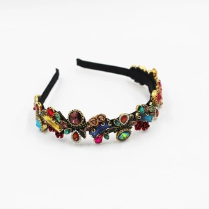 Elegant floral metal headband with colorful rhinestones and gold flowers for women
