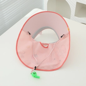 Pink sun hat detail with mesh neck flap, adjustable drawstring and green whistle charm