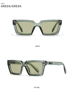 Front and 45-degree side view of square green sunglasses with silver arrow detail