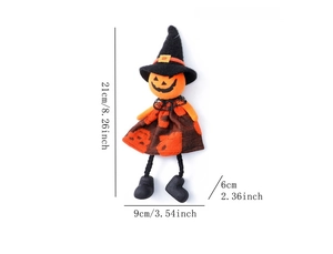 Detail view of a Halloween witch pumpkin doll pendant with dimensions and plush fabric texture