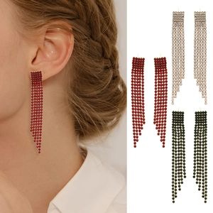 Long tassel drop earrings with tiered rhinestones in red, silver, and dark green colors