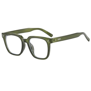 Retro translucent olive green square eyeglass frames with silver dot accents