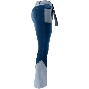 Women's flare jeans in dark blue and light gray patchwork with decorative waist drawstring