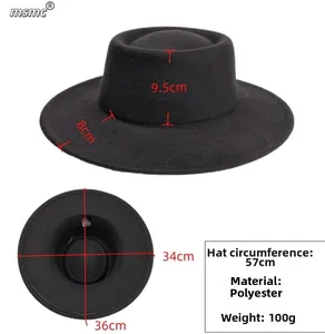 Detailed dimensions of flat brim wool felt hat with 8cm brim and 57cm circumference