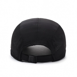 Quick-dry black five-panel sports cap with laser-cut side vents and adjustable buckle