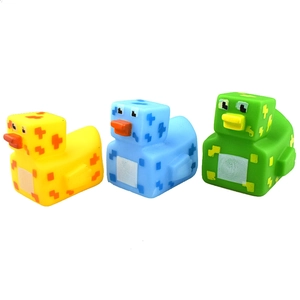 Three-piece set of square pixel art rubber ducks in yellow, blue, and green for kids' bath time