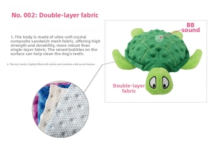 Detail of durable dual-layer fabric and turtle squeaky toy with textured bubble plush
