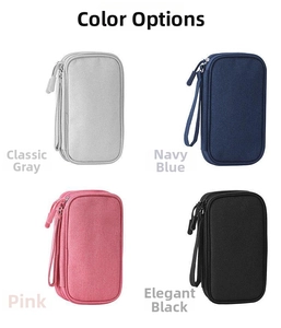 Digital accessory organizer in Classic Grey, Navy Blue, Pink, and Elegant Black