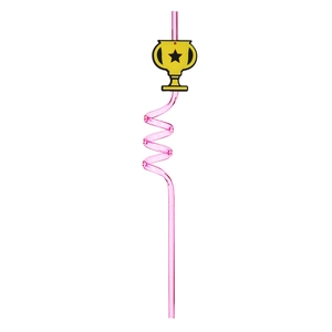 Close-up of pink spiral drinking straw featuring a yellow trophy charm with star detail