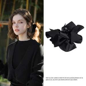 Grande Pince À Cheveux Noeud En Satin Noir Élégant Style Coréen Accessoires Cheveux Tissu Acrylique Pour Femmes