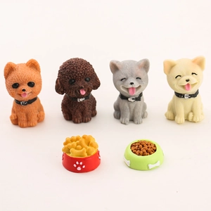 Miniature resin puppy figurines set with two food bowls for garden landscaping decor
