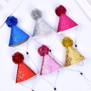 Top view of six assorted sparkling sequin pet birthday hats with adjustable elastic cords