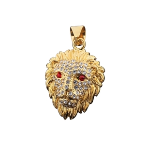 Gold plated titanium steel lion head pendant necklace with rhinestones and red stone eyes