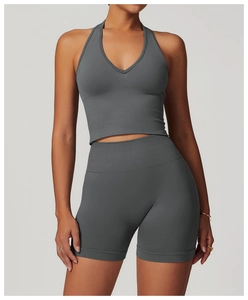 Detaillierte Ansicht des dunkelgrauen Halterneck-Oberteils und der nahtlosen Fitness-Shorts