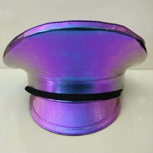 Detail showing iridescent purple laser military cap with black decorative band and metallic finish