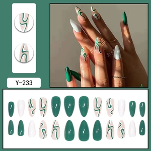 Minimalist green swirl almond press-on nails set with glossy white and nude finishes