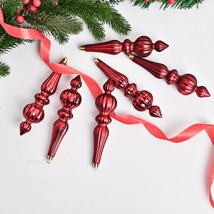 Set of 6 glossy red teardrop Christmas ornaments with pine needles and red ribbon