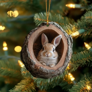 Close-up of a Christmas tree ornament with a realistic bunny sitting inside a wood log
