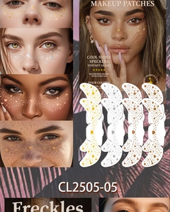 Close-up of metallic freckle face stickers in gold and silver for party makeup