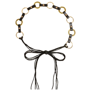 Fashion punk geometric metal ring belt with black leather rope and gold ring accents