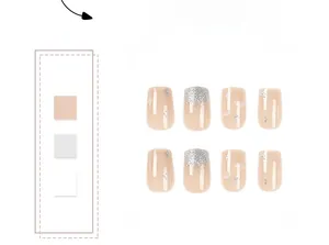 Detail of pink press-on nails with silver glitter gradient and white cloud star art