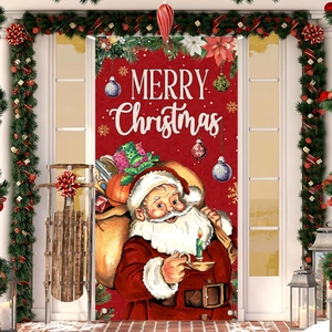 Vintage Santa Claus door banner with Merry Christmas text for festive outdoor holiday decor