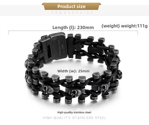 Detailed view of heavy vintage 316L stainless steel skull bracelet with leather weave