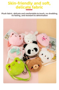 Close-up of soft plush coin purses in animal shapes with smooth fabric and adjustable straps
