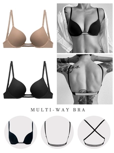 Close-up of a multi-way bra with rhinestone straps showing various back configurations