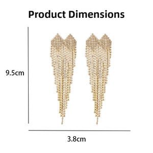 Detailed view of long gold tassel earrings with product dimensions 9.5cm by 3.8cm