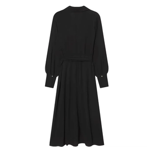 Elegant black long-sleeved shirt dress with belted waist and buttoned cuffs on white background