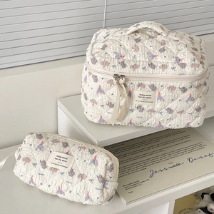 Close-up of quilted cotton cosmetic bag set with cute elephant prints and sturdy handles