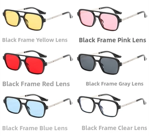 Selection of double-bridge pilot sunglasses featuring colorful lenses and black frames