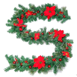 2.7m Christmas garland with artificial pine needles, red poinsettias and festive ornaments