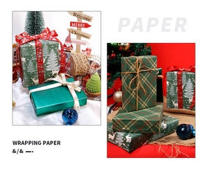 Détail de papier cadeau de Noël en kraft avec motifs de tartans écossais et d'élans