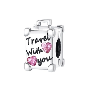 Silver suitcase charm with pink heart crystals and Travel with you engraving