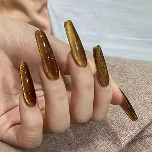 Coffin Press On Nails Cat Eye Magnetic Golden Amber Glitter Glossy Maillard Style False Nails With Tool Kit